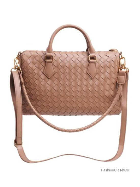 Handbags - Woven Vegan Leather Tote Bag with Crossbody Strap Zip Closure